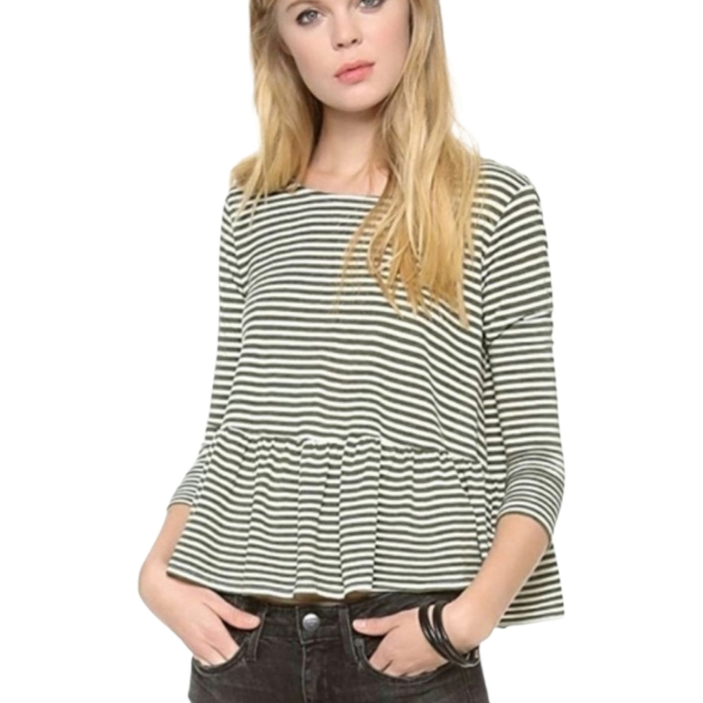 We The Free Auntie Em Striped Peplum Top Green Cream Boho Large